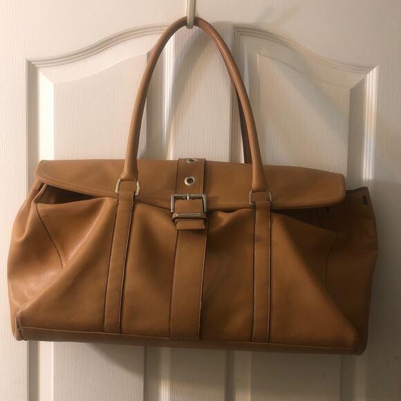Tan PU Leather Satchel Weekender Duffle Bag - Picture 1 of 14